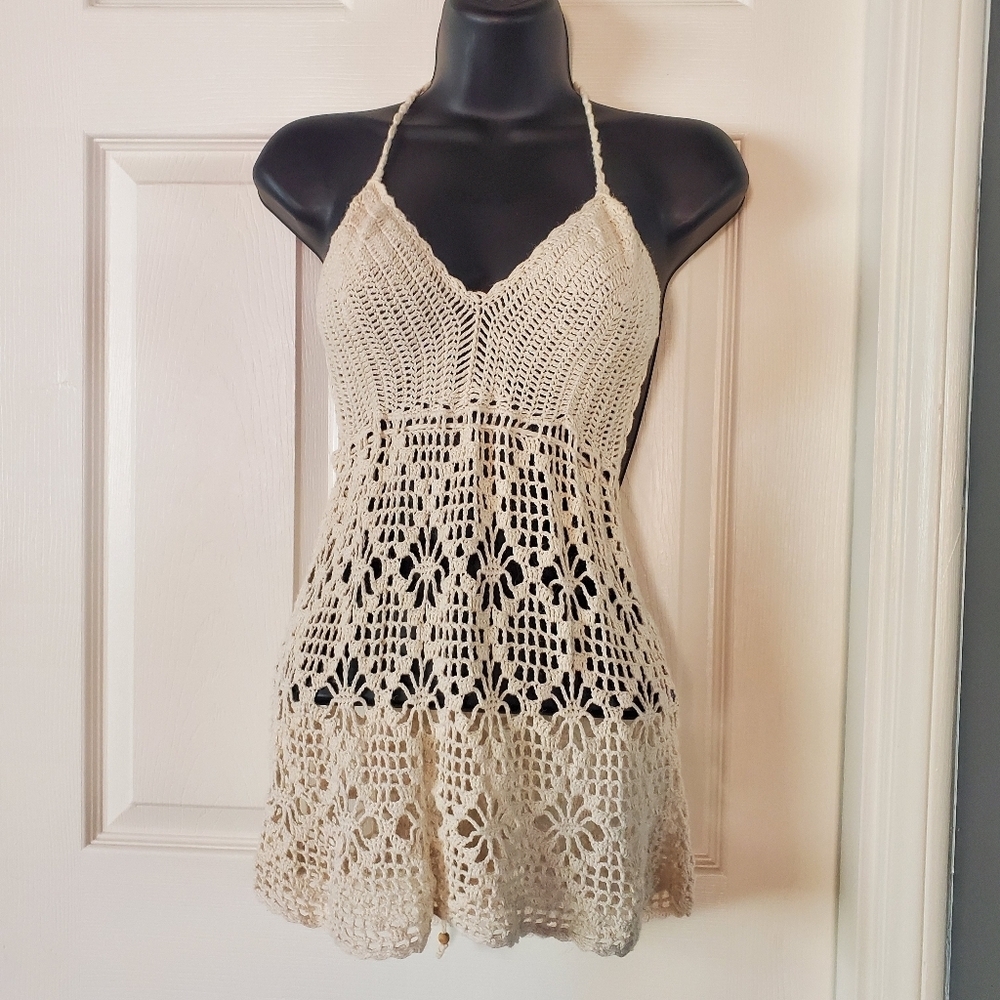 Lilu Y2K Crochet Tank Top Ivory Back Tie Romantic Sexy Bohemian Size Medium